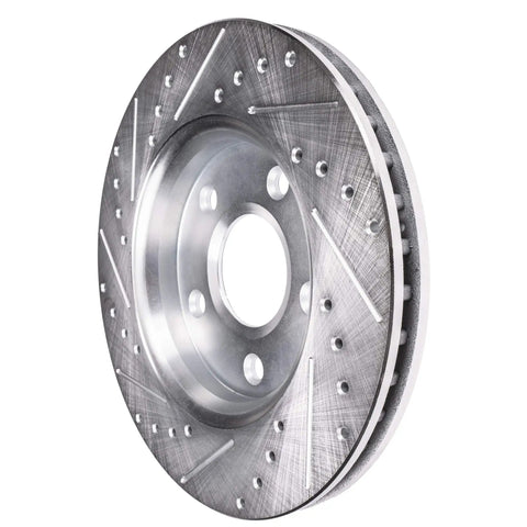 Image of a drilled and slotted rotor from the Front Brake Kit With Drilled And Slotted 12.99 Inch Rotors For 2011-2020 Jeep Grand Cherokee And 2011-2018 Dodge Durango Replacement, Delivers Strong Stopping Power, Smoother Stops, And Quiet Braking