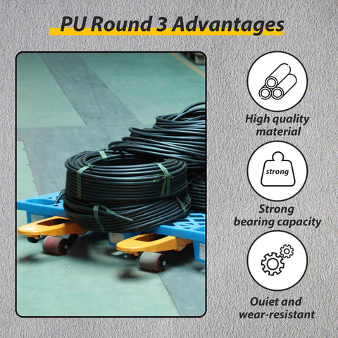 Coiled black cable on blue dolly with highlights of material quality, bearing capacity, and durability.