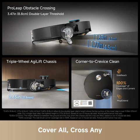 X60 Max Ultra Complete Robot Vacuum showing obstacle crossing and corner cleaning with slim design and triple-wheel chassis