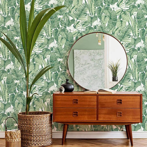 Room with Jungle Green Tropical Peel And Stick Wallpaper Removable Self Adhesive Wall Covering For Easy DIY Decor 20.5 In X 16.5 Ft