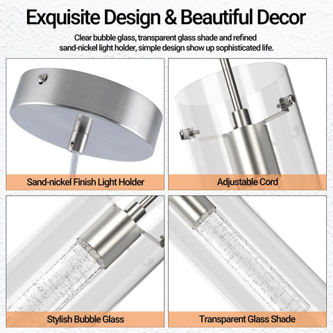 Detailed components of Bubble Glass Crystal Pendant Lights 3-Pack For Kitchen Island showing brushed nickel finish and design.