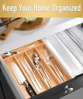 Smooth Bamboo Drawer Organizer With Five Deep Slots Keeps Kitchen Chaos Out Of Sight And Makes Grabbing Utensils Total No Sweat During Rush Hours showing cutlery and utensils in tidy rows.