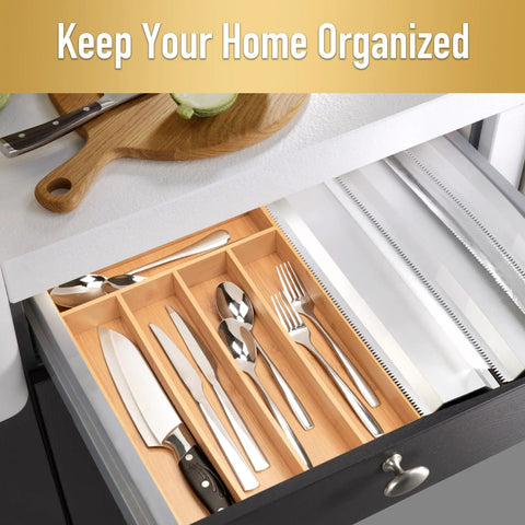 Smooth Bamboo Drawer Organizer With Five Deep Slots Keeps Kitchen Chaos Out Of Sight And Makes Grabbing Utensils Total No Sweat During Rush Hours showing cutlery and utensils in tidy rows.