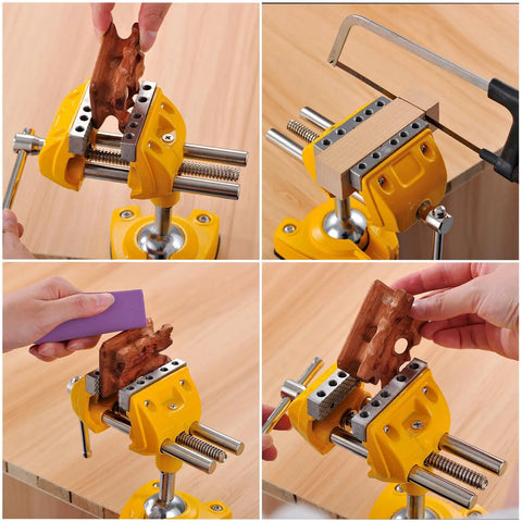 Tough As Nails Three Inch Heavy Duty Bench Vise With Rock Solid Steel Build And True Three Sixty Degree Swivel Base For Killer Multi Purpose Shop Clamping Accuracy holding various wood pieces securely during cuts.