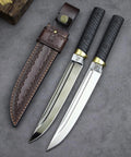 Tactical Wakizashi Full Tang Fixed Blade Knife, 14-Inch DLC Coated Sleipner Steel, G10 Handle, Brass Guard, Leather Sheath shown.