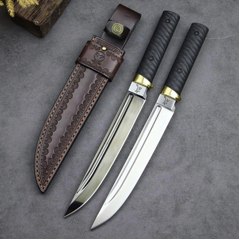 Tactical Wakizashi Full Tang Fixed Blade Knife, 14-Inch DLC Coated Sleipner Steel, G10 Handle, Brass Guard, Leather Sheath shown.