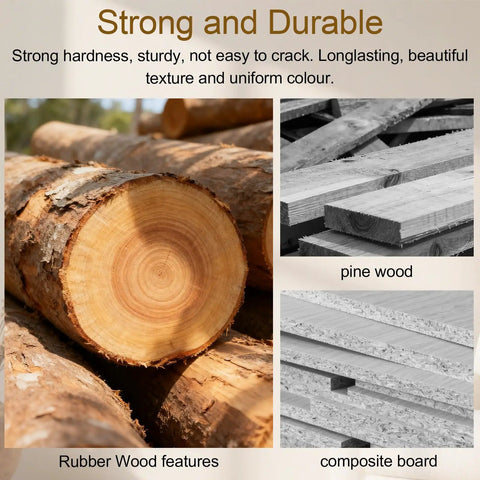 Close-up of rubberwood logs with pine and composite boards, showcasing materials for Freestanding Coat Rack With Stable Square Base.