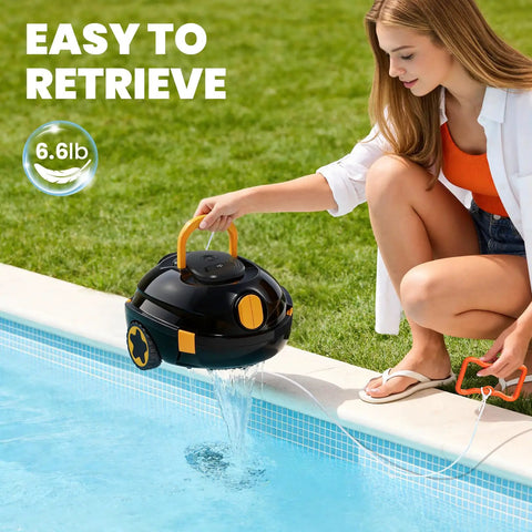 Woman retrieving Cordless Robotic Pool Cleaner With Dual Motors For Above Ground And Inground Flat Bottom Pools, 120 Minute Run Time, Auto Parking