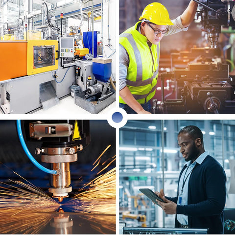 Industrial manufacturing process with engineer, CNC machine, sparks from laser cutting, and worker with tablet.