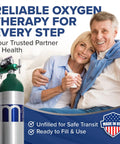 USA Made Oxygen Tank Complete Set 680 Liter Capacity ME E Size With Toggle Valve And Adjustable Regulator Ships Empty Prescription Required To Fill Includes Heavy Duty Rolling Tank Cart For Easy Transport next to smiling couple on couch.