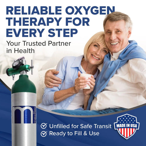 USA Made Oxygen Tank Complete Set 680 Liter Capacity ME E Size With Toggle Valve And Adjustable Regulator Ships Empty Prescription Required To Fill Includes Heavy Duty Rolling Tank Cart For Easy Transport next to smiling couple on couch.