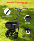 Broadcast Lawn Spreader With 9.8 Ft Coverage, 10 In All Terrain Tires, Adjustable Flow Control, 15 Lb Hopper on lawn, showing steel frame
