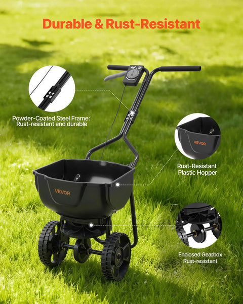 Broadcast Lawn Spreader With 9.8 Ft Coverage, 10 In All Terrain Tires, Adjustable Flow Control, 15 Lb Hopper on lawn, showing steel frame