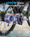 Close-up of Powerful 1000W Peak Electric Bike For Adults With 20 MPH Top Speed, showcasing the brushless motor and wheel details