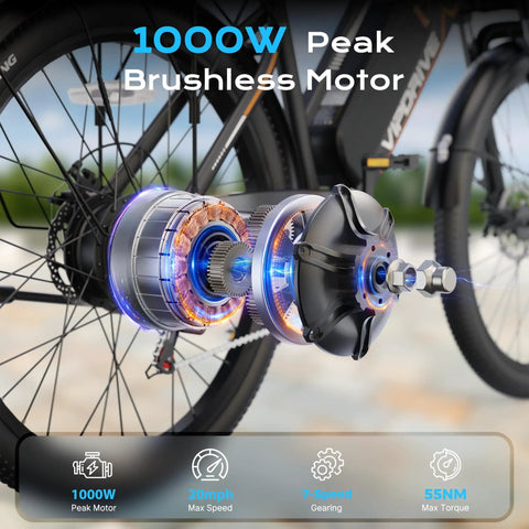Close-up of Powerful 1000W Peak Electric Bike For Adults With 20 MPH Top Speed, showcasing the brushless motor and wheel details
