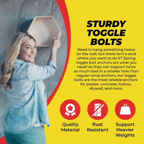 Woman holding shelf using Spring Toggle Bolt Anchors Heavy Duty Wall Anchors For Hollow Walls One Eighth Inch By Two Inches Stainless Steel Pack Of 20 For Hanging Frames Shelves Mirrors And More High Load Support In Small Holes.