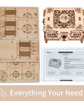 3D Wooden Puzzle Treasure Box With Moving Drawers And Mechanical Gears, DIY Model Kit For Adults And Kids, Creative Gift For Birthday Or Christmas, Fun Interactive Jewelry Storage Puzzle Box. Unassembled wooden parts and assembled box