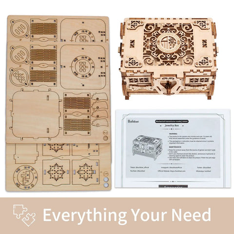 3D Wooden Puzzle Treasure Box With Moving Drawers And Mechanical Gears, DIY Model Kit For Adults And Kids, Creative Gift For Birthday Or Christmas, Fun Interactive Jewelry Storage Puzzle Box. Unassembled wooden parts and assembled box