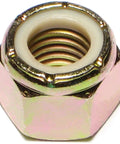 Grade 8 Yellow Zinc Lock Nuts 5/8-11 Coarse Thread Hardened Steel Fasteners for DIY Home Improvement and Construction close-up view