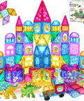 Colorful Magnetic Tiles Building Blocks Set For Kids 110 Pieces STEM Construction Toy With Dinosaur Figures For Imaginative Play