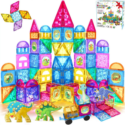 Colorful Magnetic Tiles Building Blocks Set For Kids 110 Pieces STEM Construction Toy With Dinosaur Figures For Imaginative Play