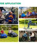 Collage showing uses of 12V 12Ah LiFePO4 Battery With Built In 15A BMS for fish finders, camping, scooters, ride-on toys, and power wheels.