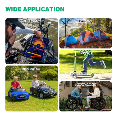 Collage showing uses of 12V 12Ah LiFePO4 Battery With Built In 15A BMS for fish finders, camping, scooters, ride-on toys, and power wheels.