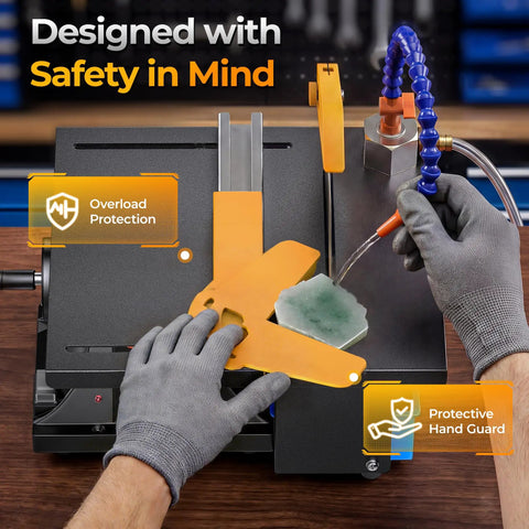 Beast Benchtop Lapidary Saw For Cutting And Engraving 350W Variable Speed 0 To 10000 RPM with safety features highlighted