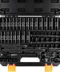 Three Eighth Inch Drive Impact Socket Set with Ratchet Handle Extension Bar Universal Joint and Adapter Includes 57 Piece SAE and Metric Sockets From Five Sixteenths To Three Fourth Inch and Eight To Twenty Two Millimeter For Serious Gearhead Work in case