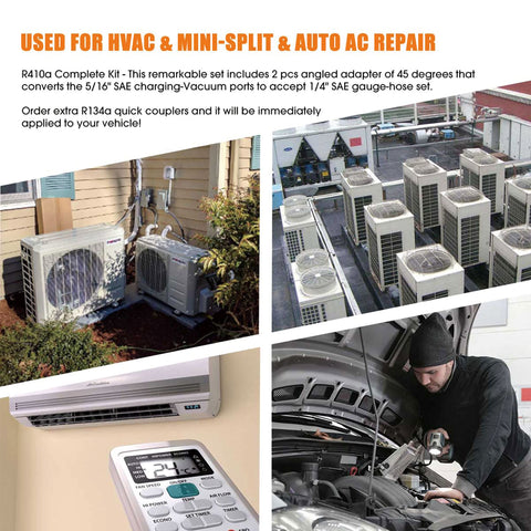 Collage showing uses of 3.6 CFM AC Vacuum Pump And Gauge Set For R410A Refrigerants in HVAC and mini-split repair applications.