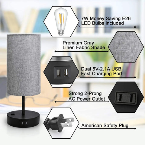 Dual USB Charging Ports And AC Outlet Nightstand Lamps Set Of 2 with grey fabric shades, Edison LED bulbs, USB ports, and safety plug.