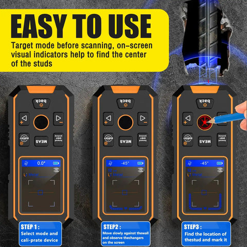 All In One Wall Scanner And Laser Rangefinder Pro Tool For Stud Detection showing three-step usage guide on screen