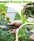 Two Pack Garden Pruning Shears Kit With Eight Inch Bypass Pruner And Six And A Quarter Inch Straight Tip Pruner Premium Plant Shears in use for trimming flowers, potted plants, and harvesting fruits.