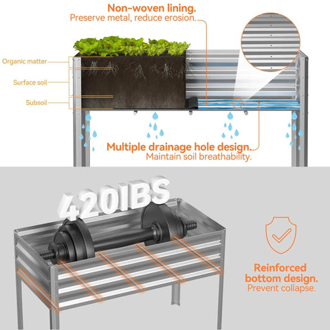 Self Watering Galvanized Raised Garden Bed With Legs And PE Cover For Vegetables And Flowers Outdoor Elevated Planter Box 48 By 24 By 56 Inches Easy Hands Free Watering For Backyard Patio Balcony showing drainage system and reinforced base.