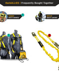Rock Solid 6 Foot Flat Safety Lanyard With Quick Deploy Shock Absorber And Heavy Duty Yellow Webbing on mannequin with Thunder Safety Harness.