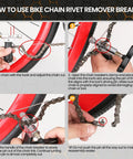 Instructions for using a bike chain rivet remover breaker on a bicycle wheel.