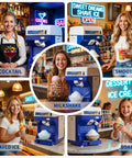 Pro Grade Ice Shaver Crusher With 300 Lbs Per Hour Capacity 500W Tabletop Snow Cone Machine in cafe setting with drinks
