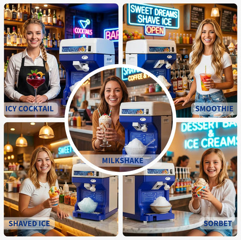 Pro Grade Ice Shaver Crusher With 300 Lbs Per Hour Capacity 500W Tabletop Snow Cone Machine in cafe setting with drinks
