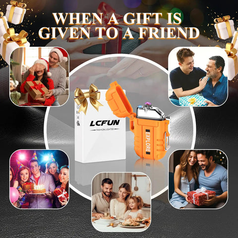 Gift giving scenes with Waterproof Outdoor Lighter USB C Rechargeable Windproof Flameless Dual Arc Plasma Lighter in orange