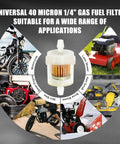 One Quarter Inch Inline Fuel Filter 40 Micron Universal Pack Of 10 For Motorcycle Mini Bike Dirt Bike Moped ATV Scooter Go Kart Snow Blower Lawn Mower Small Engine Parts shown with various vehicles