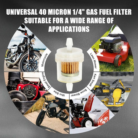 One Quarter Inch Inline Fuel Filter 40 Micron Universal Pack Of 10 For Motorcycle Mini Bike Dirt Bike Moped ATV Scooter Go Kart Snow Blower Lawn Mower Small Engine Parts shown with various vehicles