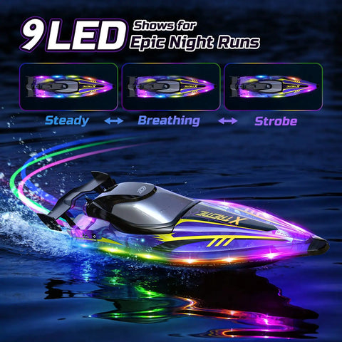 17 Inch High Speed RC Jet Boat With Self Righting Design And Nine LED Lights on water at night, showing light modes.