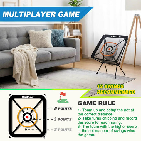 Foldable Chipping Net With Mat For Indoor And Outdoor Golf Practice set up in a living room for a multiplayer game.