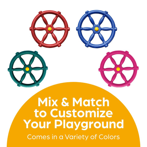 Colorful pirate ship wheels for outdoor playset accessory shown in multiple colors, safe durable construction for pretend sea adventures.
