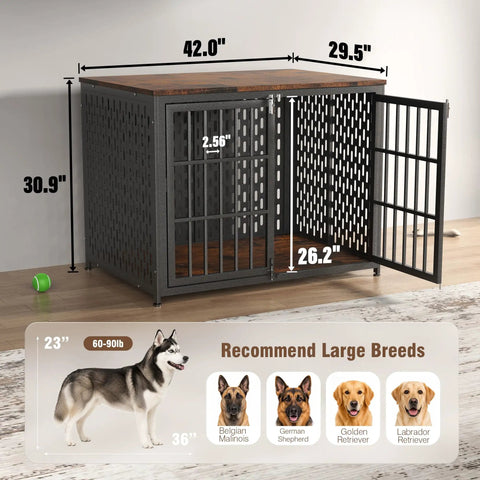 Super Smooth Setup Heavy Duty Dog Crate Furniture 42 Inch Decorative Kennel End Table Nightstand Rustic Brown indoor pet house with dimensions.
