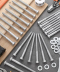 Bulk 50 Pack Half Inch By Six Inch Lag Screws With Washers Hot Dip Galvanized Heavy Duty Exterior Wood Screws on table