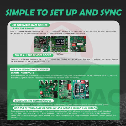 Instruction guide for setting up and syncing Three Pack M12 Gate Opener Remote For Swing Sliding Gates With Four Button Controls.