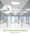 Office hallway with 2x2 LED Flat Panel Light 25W 3225LM 4000K Bright White Lit Dimmable Drop Ceiling Recessed And Surface Mount Back-Lit Lighting