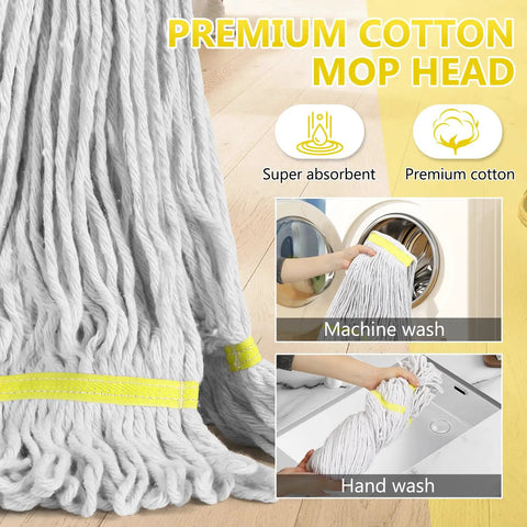 Heavy Duty Commercial Cotton String Mop With 59 Inch Handle And Replaceable Head Top Shelf Wet Floor Scrubber for machine and hand wash.