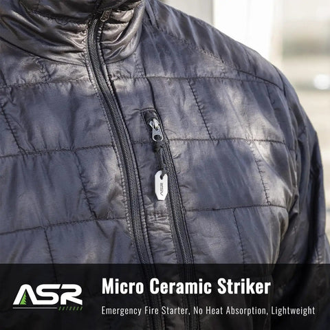 Ceramic Striker Ferro Rod Fire Starter Kit with Zirconia Stone attached to a black jacket zipper for easy access.